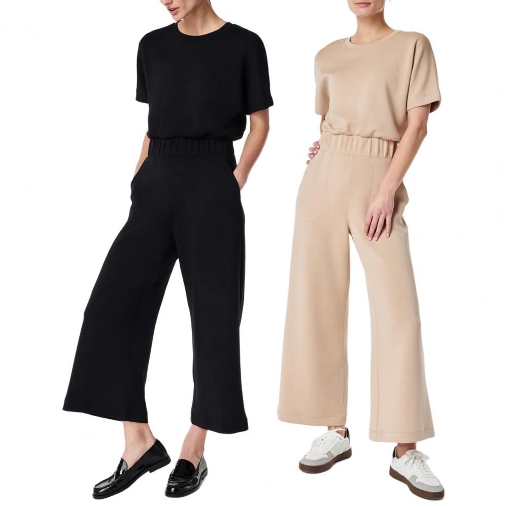 Summer Women Jumpsuit O Neck Short Sleeves Elastic Waist Wide Leg with Side Pockets Solid Color Loose Casual Daily Wear Ankle Le