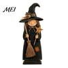 Small Witch Statues for Holiday Display Wooden Ornament, Retro Halloween Figurine with Broom/Pumpkin/Black Rustic Craft Desk Cat, Creative Tabletop