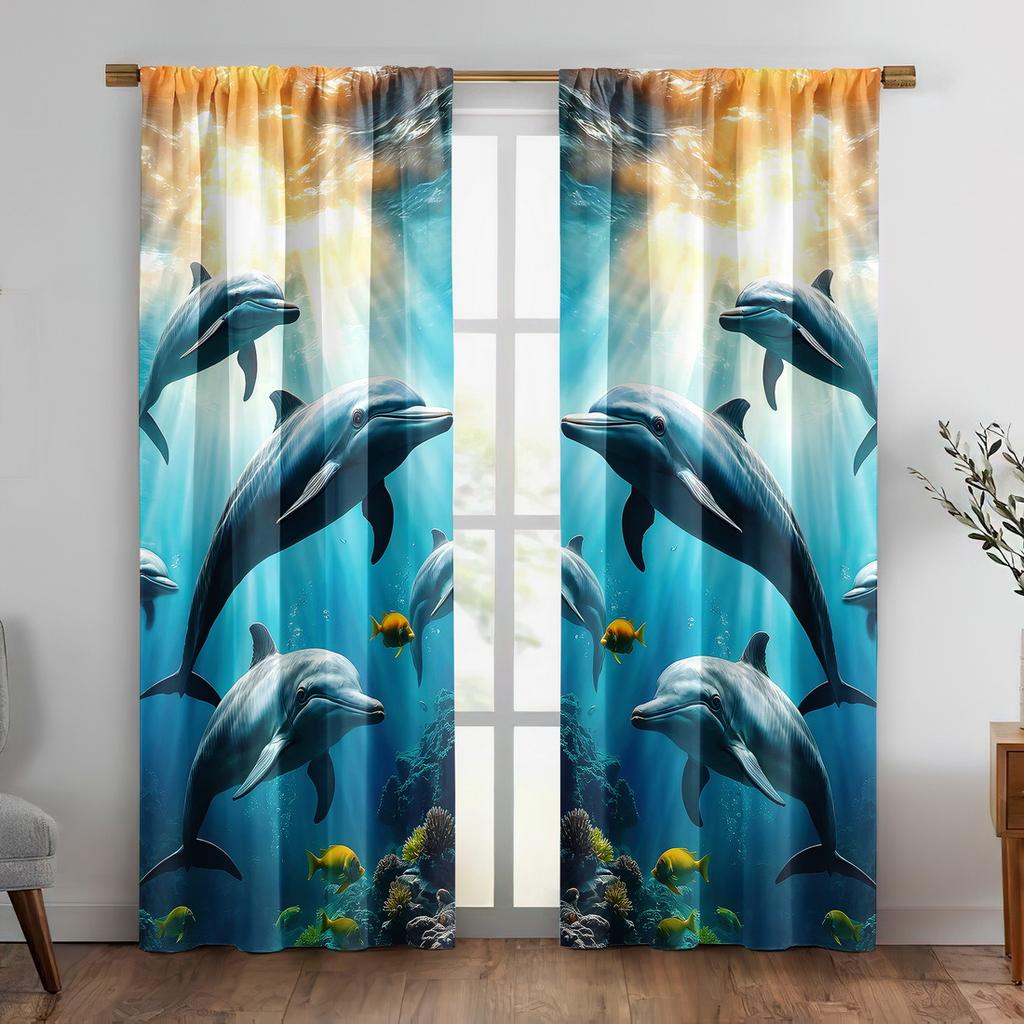 2pc Dolphin Print Curtains, Polyester Fabric, Machine Washable, Suitable for Bedroom and Living Room Decoration