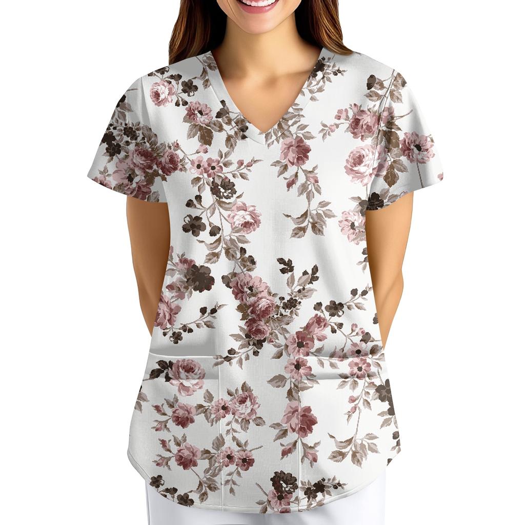Plus size bedrukte scrub werkkleding tops voor dames met V-hals en print, korte mouwen, leuke T-shirts, werkkleding T-shirt met zakken