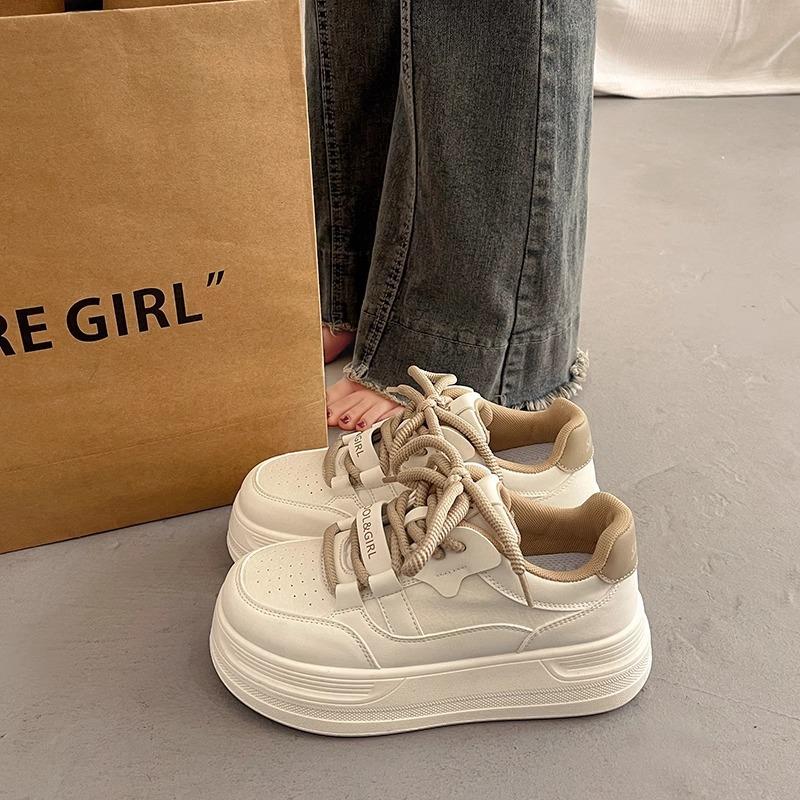 Fashion Milky - Tone Platform Bread Sneakers | Vintage Sweet - Edgy Lace - Up Casual Chunky Shoes