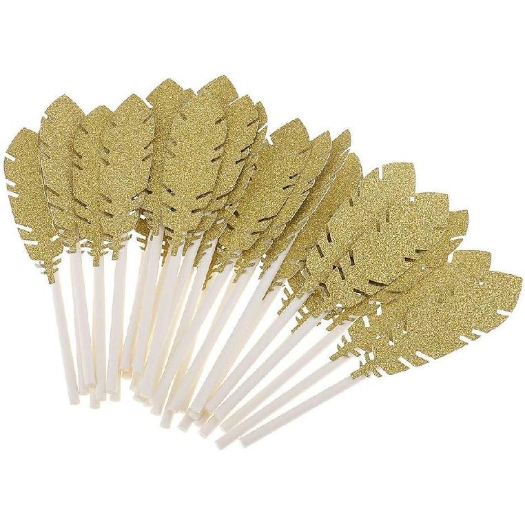 

30pcs Feather Cake Toppers Cupcake Food Picks for Wedding Birthday Party Decoration - Golden