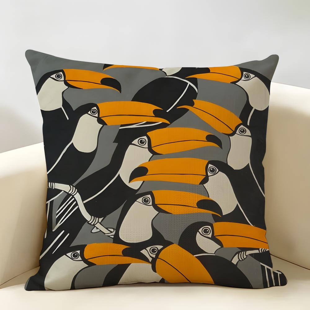 Black Toucan Pattern Art Cushion Cover Durable Hypoallergenic Organic Linen Short Pillow Cover Washable