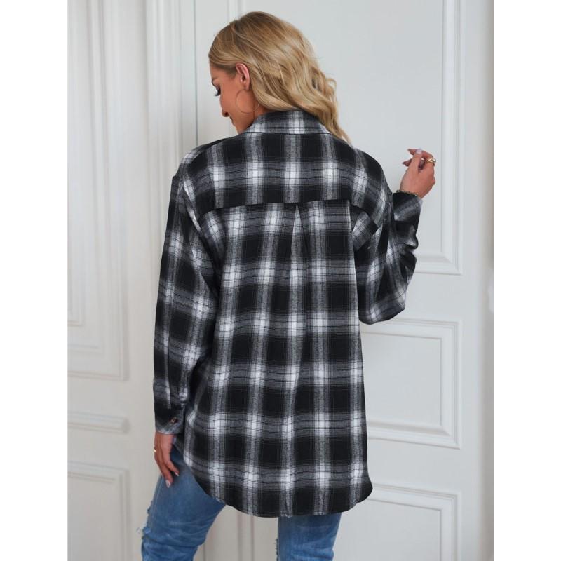Dámská košile s dlouhým rukávem s kostkovaným vzorem Podzimní a zimní nová ležérní volná košile ve stylu boyfriend Podkošile Jednořadé s klopami Kardigan