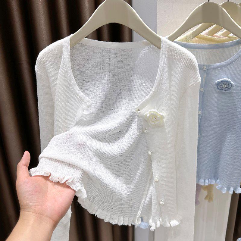 Korean Style Blue Ice Silk Knitted Sunscreen Cardigan & Floral Ruffle Shawl for Summer Women - Sleeveless Outerwear Cover-up Dress