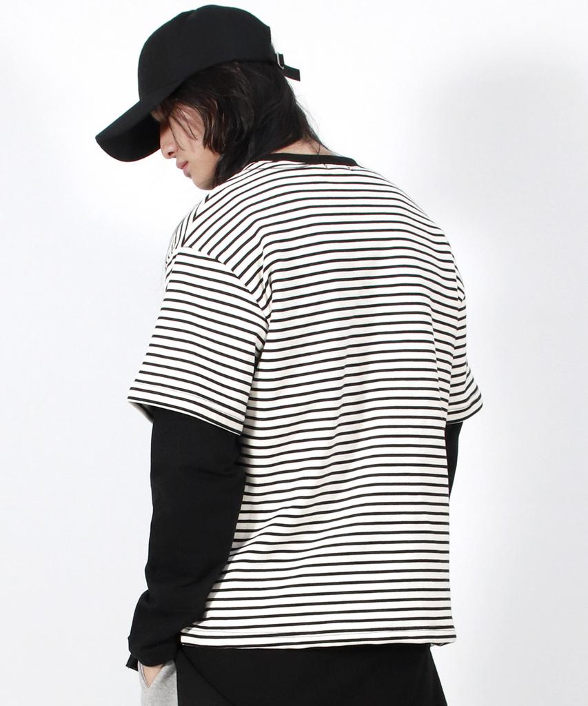 Deumakeu M Layered Sleeve Boxy Fit Crew Neck T-Shirt Stripe-Ivory