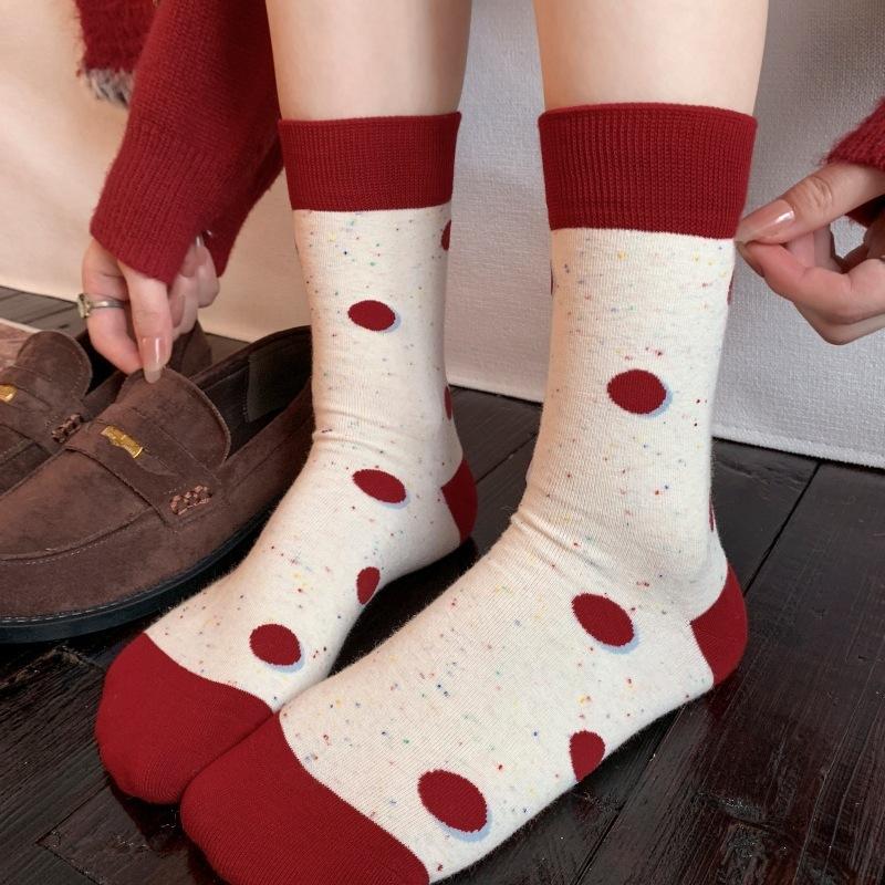 Puppy Cute Polka Dot Cartoon Korean Big Red Season Socks Girls Pile Socks Pure Cotton Mid-Leg Socks Super