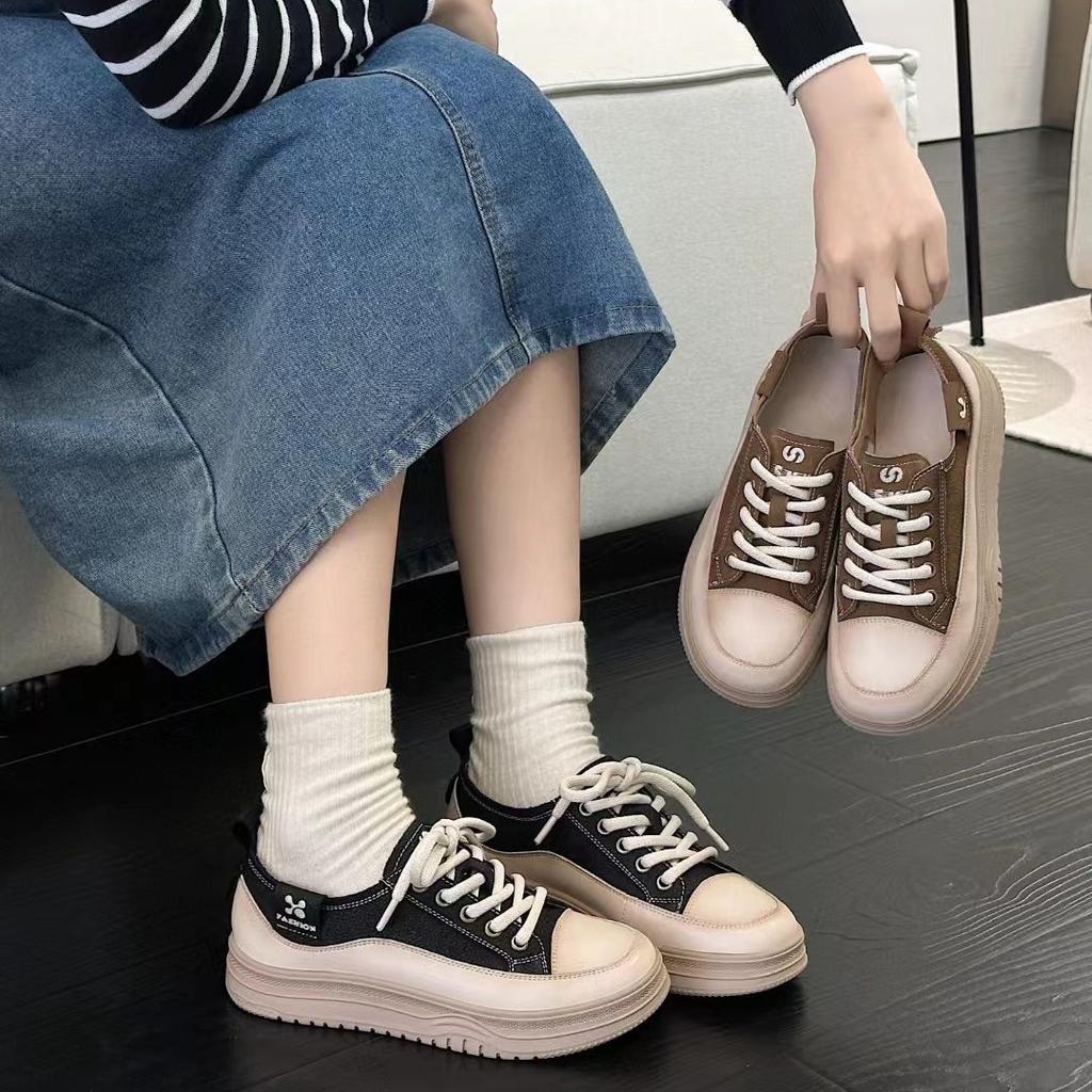 Little white shoes women's first layer cowhide new retro sports and leisure shoes lace up thick sole lightweight soft baseplate shoes