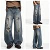 Mens Distressed Oversized Wide Leg Jeans Light Blue High Stretch Low Rise Streetwear Cargo Style