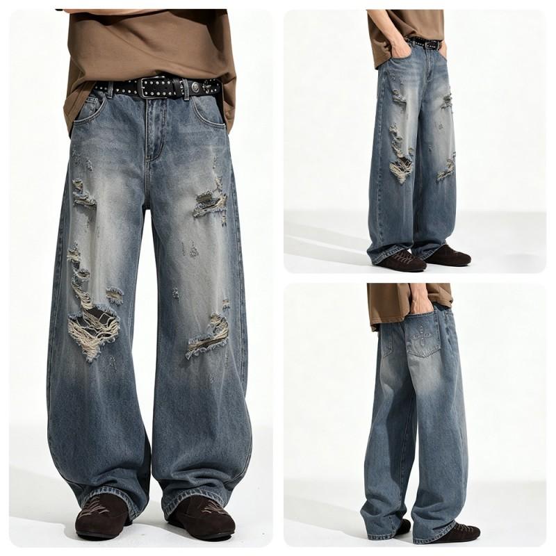 Mens Distressed Oversized Wide Leg Jeans Light Blue High Stretch Low Rise Streetwear Cargo Style