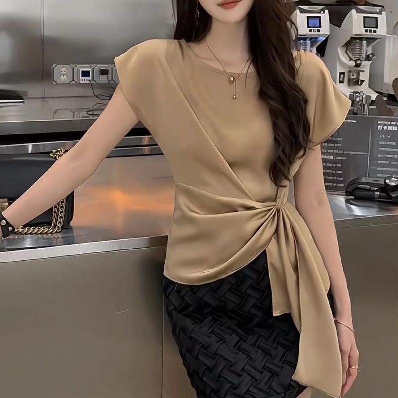 Women's Korean Fashion Lace Up Asymmetrical Designer Blouse Office Lady Luxury Elegant Shirt Short Sleeve Solid Slim Tops Blusas