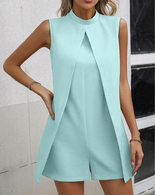 Women's Casual Solid Color Stand-up Collar Sleeveless Fake Two-piece Shorts