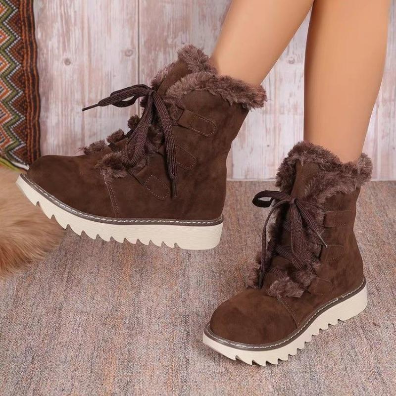 Women's Wide Width Lace-Up Snow Boots, Plush Lined Platform Winter Booties, European Style Outdoor Boots for Women
