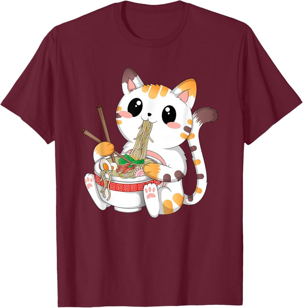 Cute Ramen Eating Kawaii Cat Graphic Tee Anime Neko Lovers Casual Cotton T-Shirt
