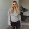 Y25TP201 European and American Women's Solid Color Round Neck, Wide Sleeve, Cinched Waist Sexy Long Sleeve Top