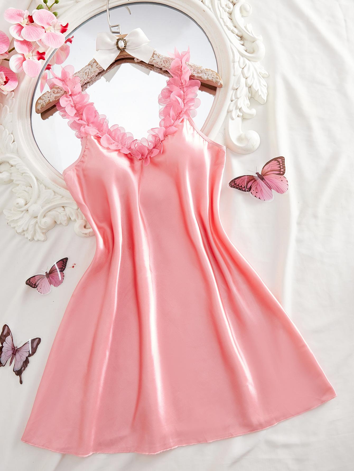 

High-end quality summer sexy suspender mid-length dress women s seduction mood homewear suit S