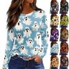 Women's Long Sleeve Round Neck Top with Halloween Print and Side Slit Hem for Casual Wear