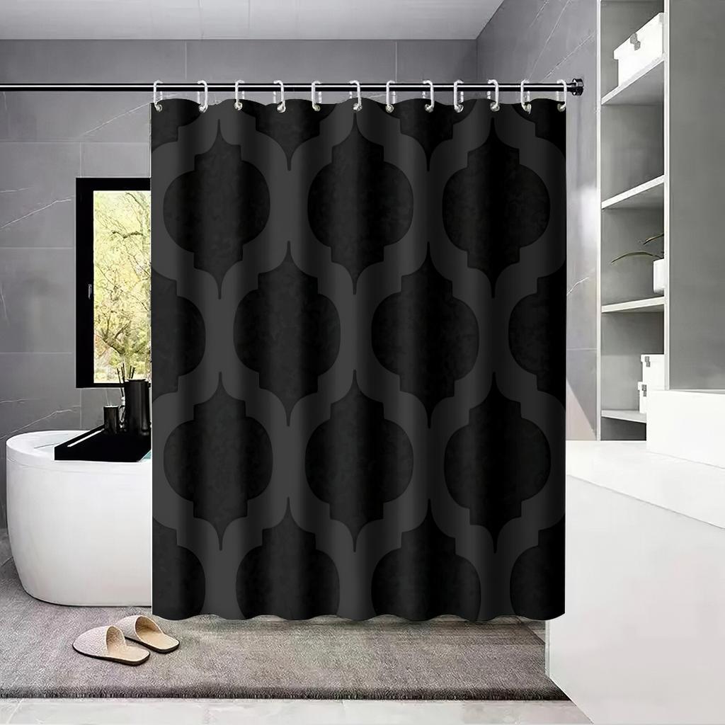 1pc Geometric Print Waterproof Black Shower Partition Privacy Hanging Curtain with 12 Hooks Multiple Sizes Easy Installation