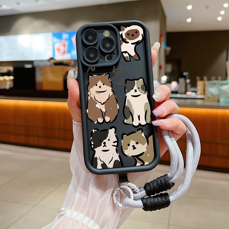 Funny Cats Graffiti Dog Soft Lanyard Rope Case For Samsung Galaxy A14 A32 A53 A13 A33 A52 S24 S23 S22 S21 Ultra Plus FE Cover