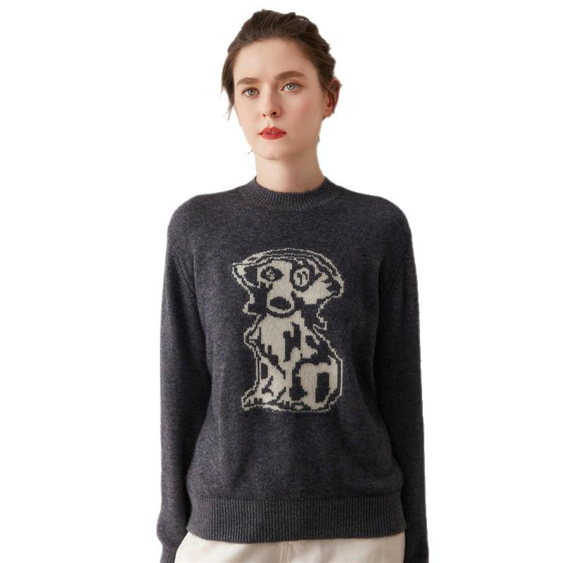Women's Animal Jacquard Cashmere Sweater - Loose Fit, Slimming, Round Neck Knitwear for Autumn/Winter Fashion