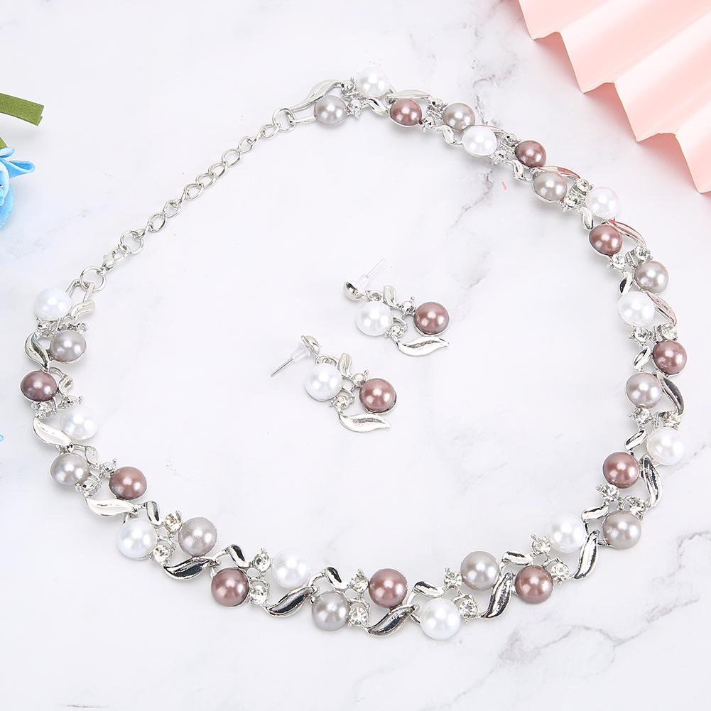 Women Faux Pearl Necklace Earrings Set Bridal Jewelry Set with Rhinestone (Silvery White)
