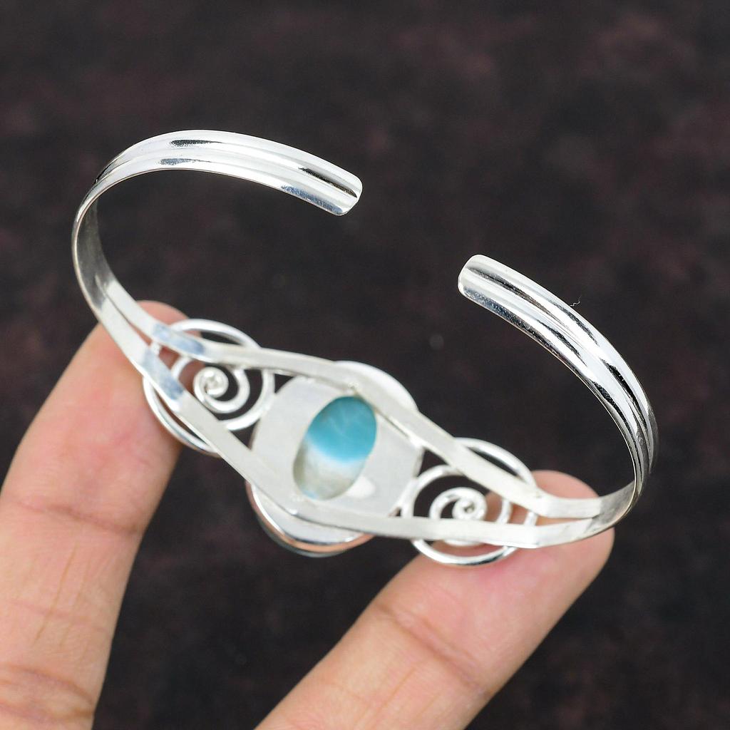 Larimar Cuff Bracelet 925 Sterling Silver Bangle Gemstone Jewelry Adjustable Bangle Handmade Cuff Bracelet Gift For Mother Elegant Jewelry