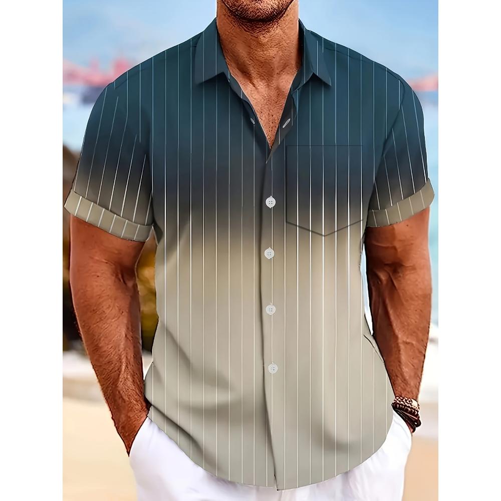Hawaiian Gradient Stripe Print Men s Plus Size Button Pocket Short Sleeve Shirt S