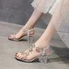 Fashion Open Toe Roman Style Ladies Shoes Summer 2024 Block Heel with Medium Heels Rhinestones Footwear High Sandals for Women Sandal F