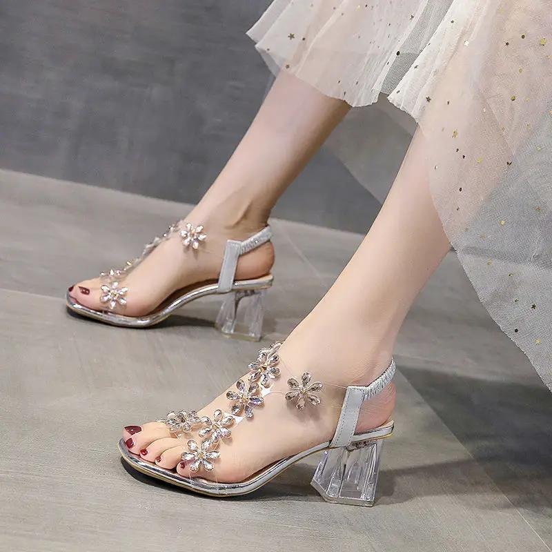 Fashion Open Toe Roman Style Ladies Shoes Summer 2024 Block Heel with Medium Heels Rhinestones Footwear High Sandals for Women Sandal F