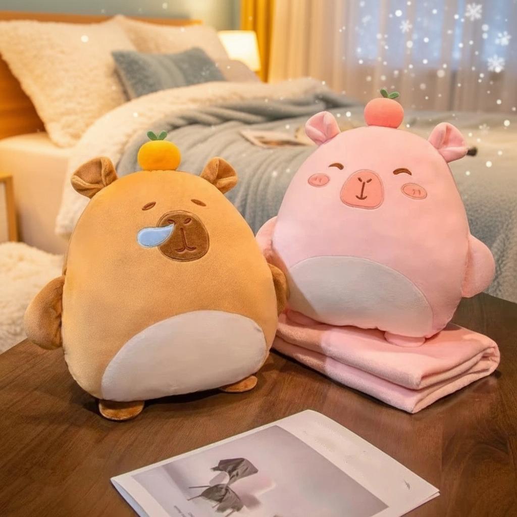 3-In-1 Capybara Throw Pillow Pp Cotton Filled Plush Pillow Blanket Cartoon Hand Warmer Portable Office Nap Leg Cover Artifact
