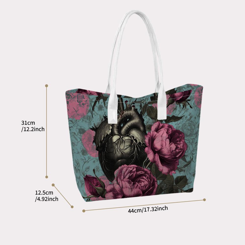 Gothic Heart Rose Print Tote Bag Fashion Daily Carry Handbag Unique Design Shoulder Bag