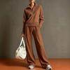 Conjunto de Dos Piezas de Punto para Mujer Suéter con Media Cremallera Manga Larga Cuello Plegable Pantalones de Pierna Ancha Conjunto para Estar en Casa