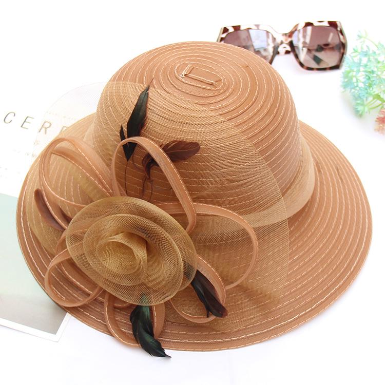 Eugen Top Hat Spring Summer Feather Flower Fashion Wedding Hat Big Brim Dome Beach Sun Hat