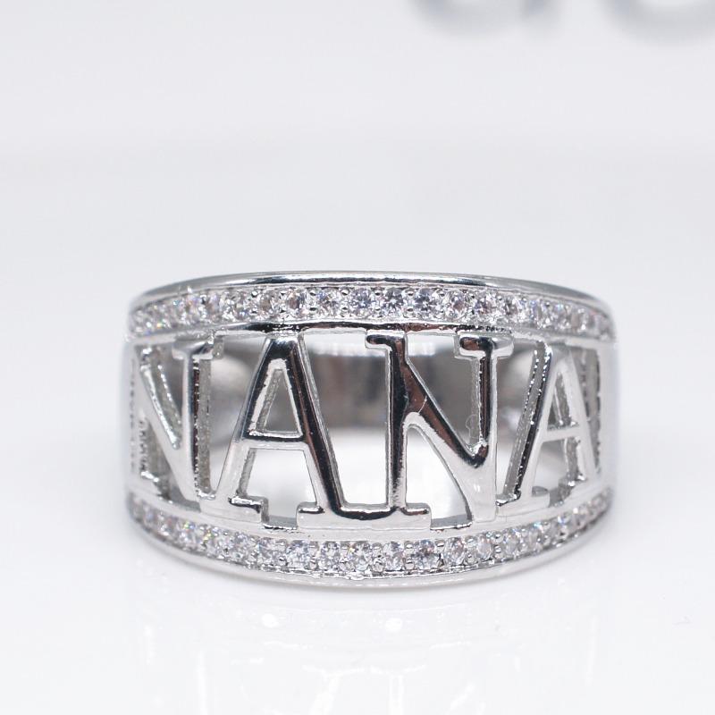 European and American Christmas Gift Nana Grandmother Ring, 18k White Gold Plated Diamond Ring No. 5