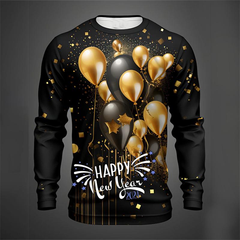 Santa Claus Pattern T-Shirt For Men Christmas Balloon 3D Printed T Shirts Autumn Casual Long Sleeves Loose Round Neck Tops Tees