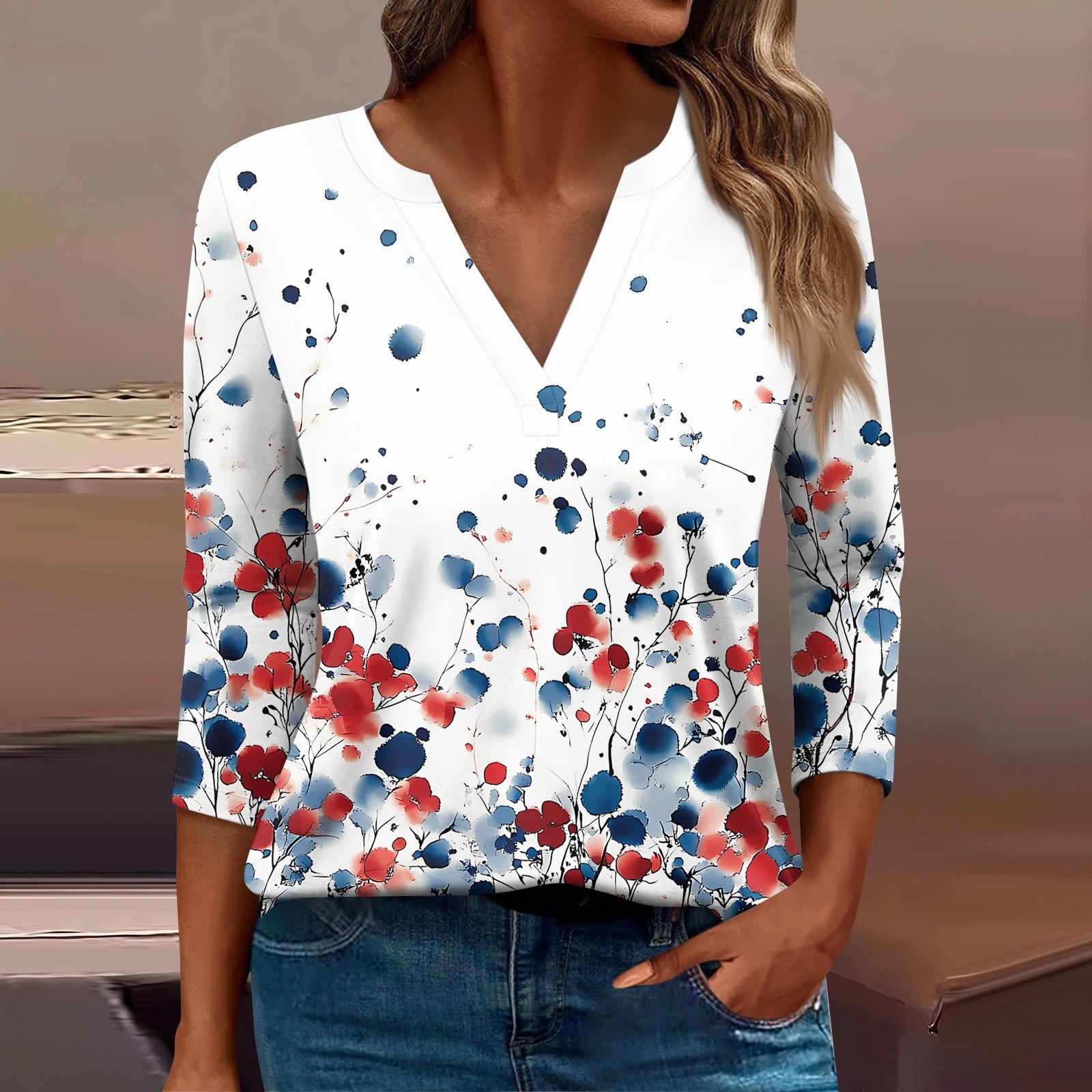 

Женская футболка Футболка с принтом Рукав 3/4 Повседневные Выходные Мода Базовый V-образный вырез Обычный топ XL красный