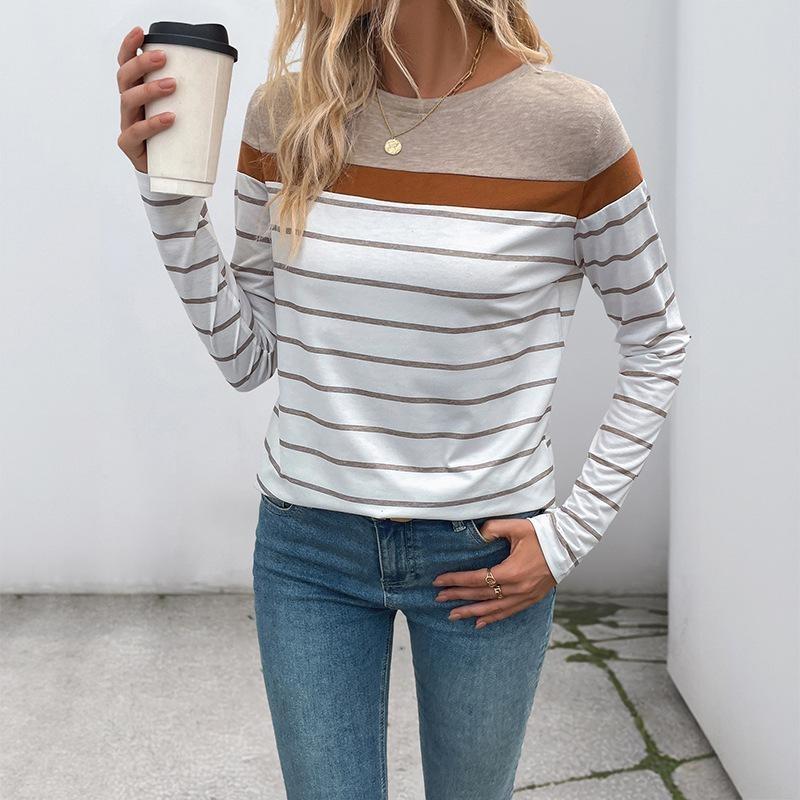 Leopard Striped Print Autumn Long Sleeves Women's T-shirts Fashion Casual Tops Daily Loose Crew Neck Women Clothing