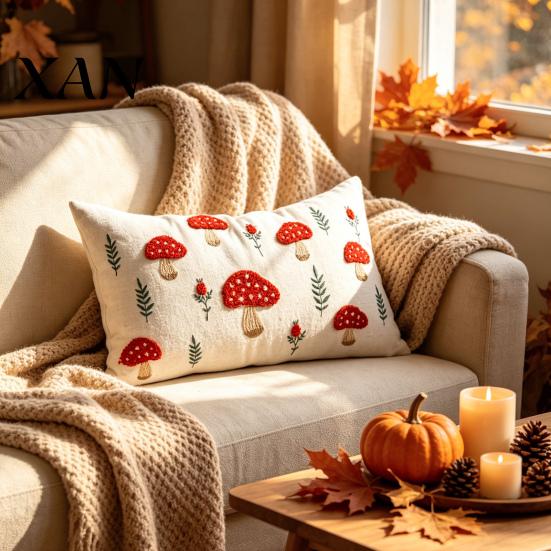 Decorative Throw Pillow Cases Autumn Embroidered Pillowcase, Mushroom Leaf Cover, 18"x18" 20"x12" Farmhouse Bedroom Accessories Cover for Sofa Living