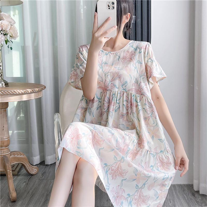 Cotton and silk nightgown women's summer thin short-sleeved cartoon printed pajamas can be worn outside long large size loose knee pajamas