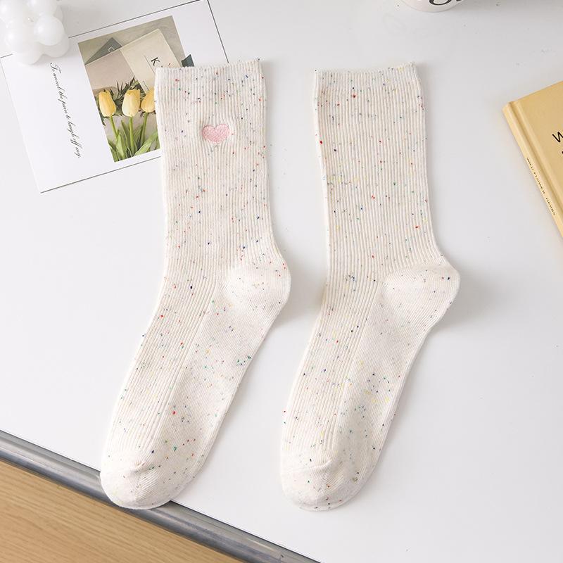 

Женские весенне-осенние вышитые однотонные тонкие хлопковые носки-трубы с узором «любовь» и в горошек 1 pair бежевый