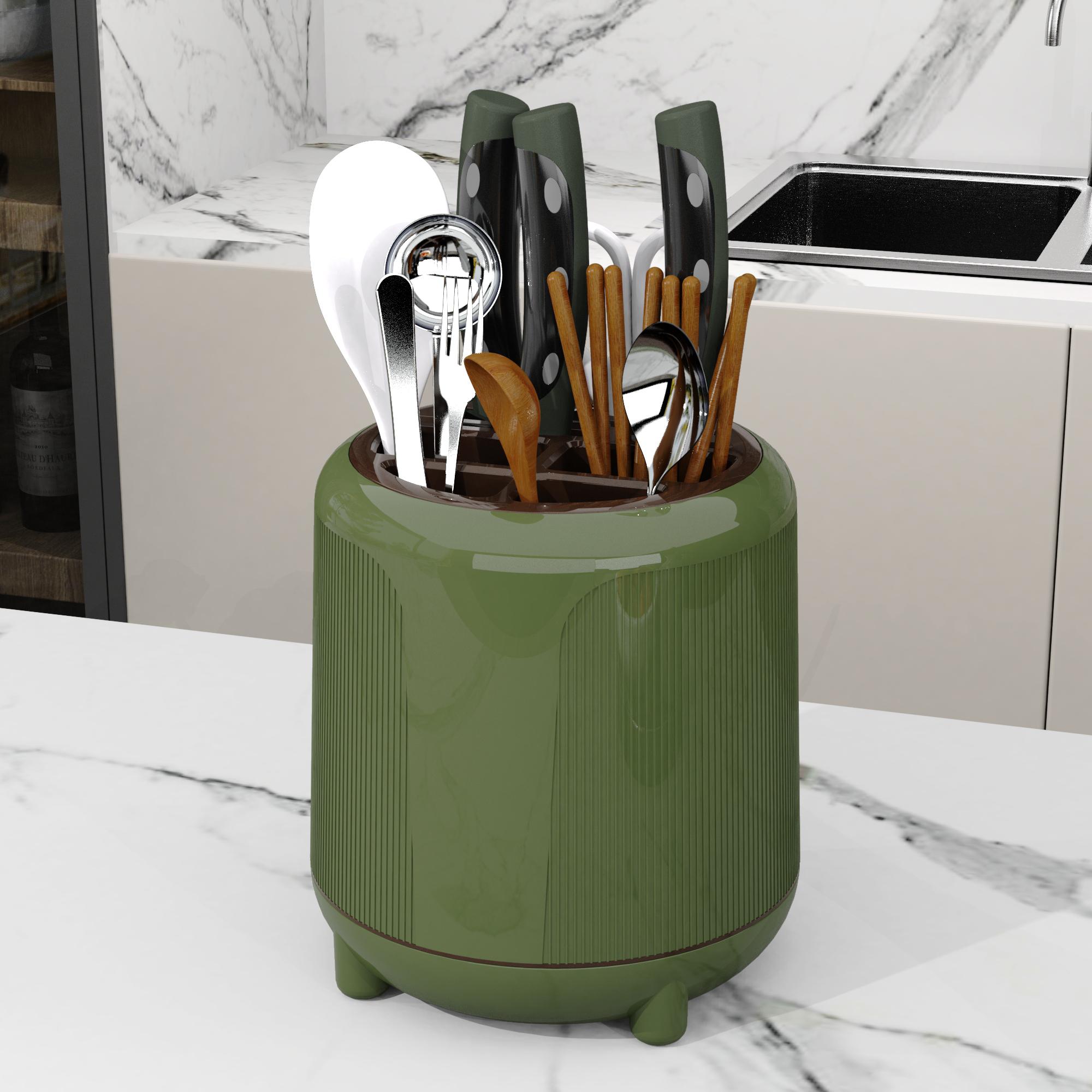 

Knife holder Spoon Fork Kitchen Organizer Rack Rotation Multi-Function Utensil Stand Knife Block Flatware Drainer Christmas Gift зелёный