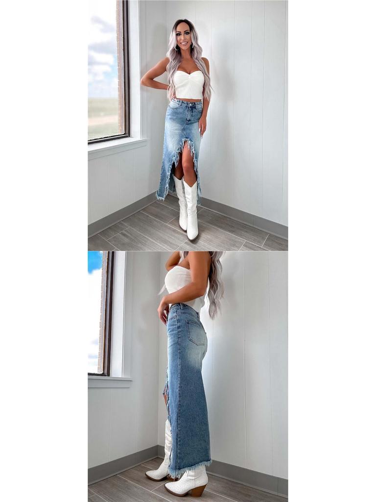 High-Waisted Irregular Frayed Denim Midi Skirt - Women's Vintage Washed Skirt