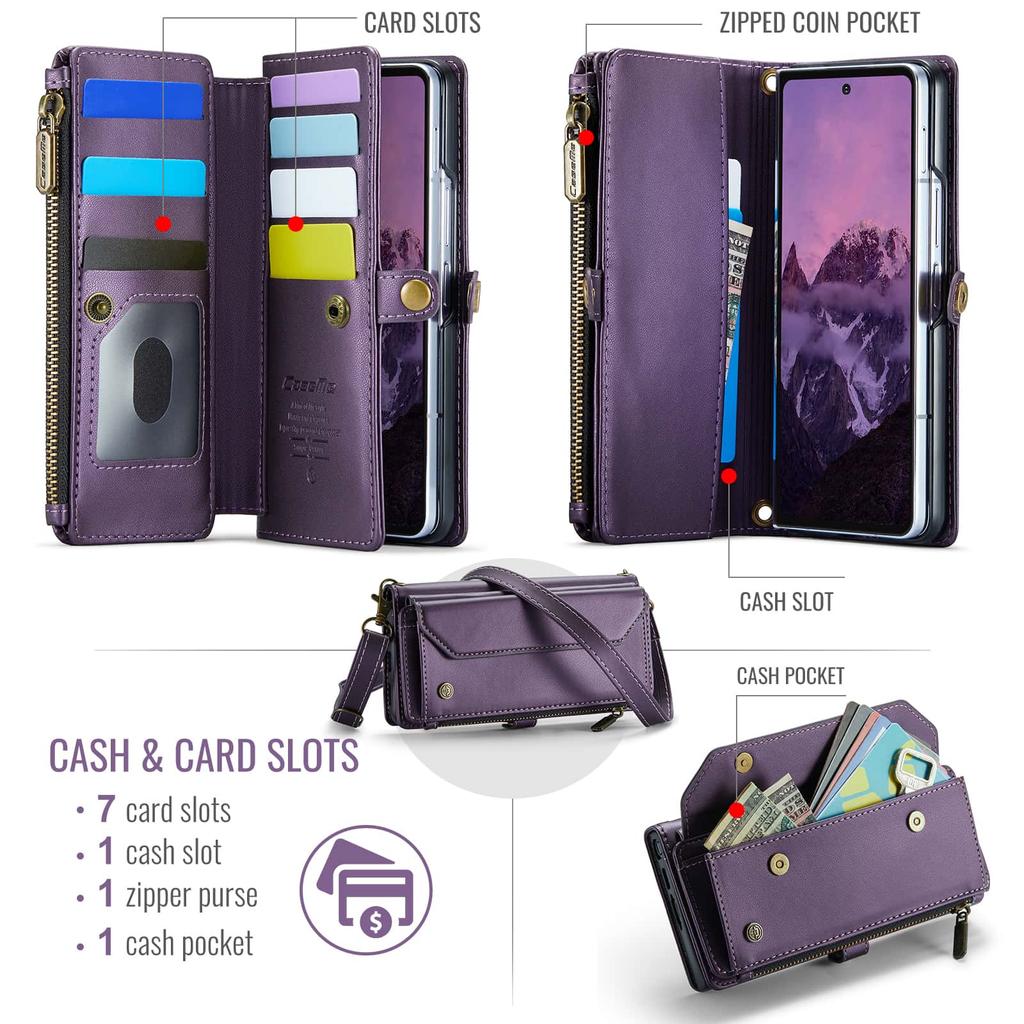 Crossbody Wallet Case for Samsung Galaxy Z Fold 8 RFID Blocking Zipper Pocket 7 Card Holder Leather Flip Shoulder Strap Cover