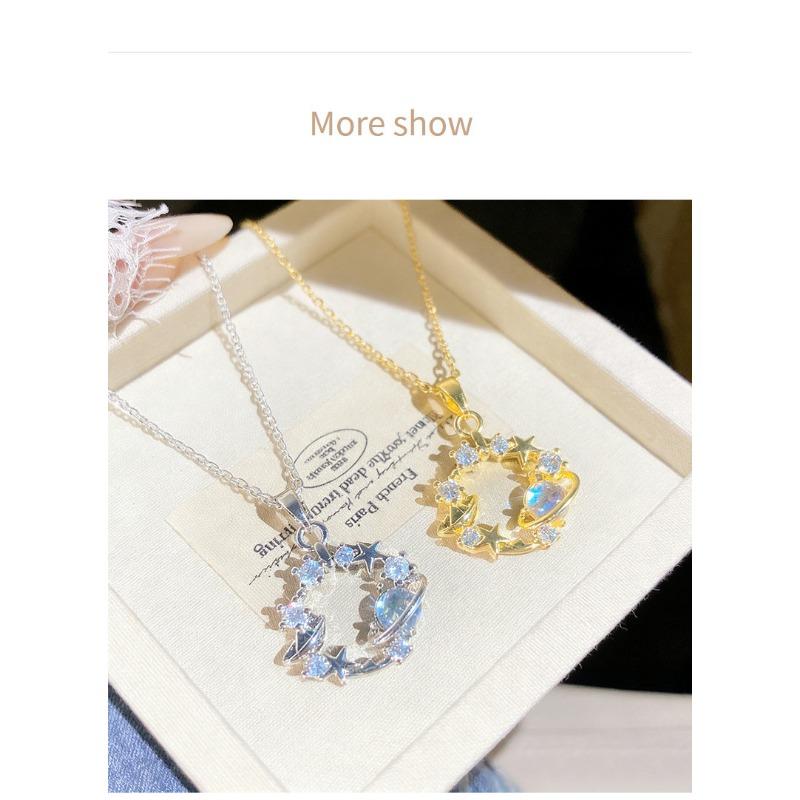 Fashion Women Inlaid Rhinestone Star Planet Titanium Steel Clavicle Necklace