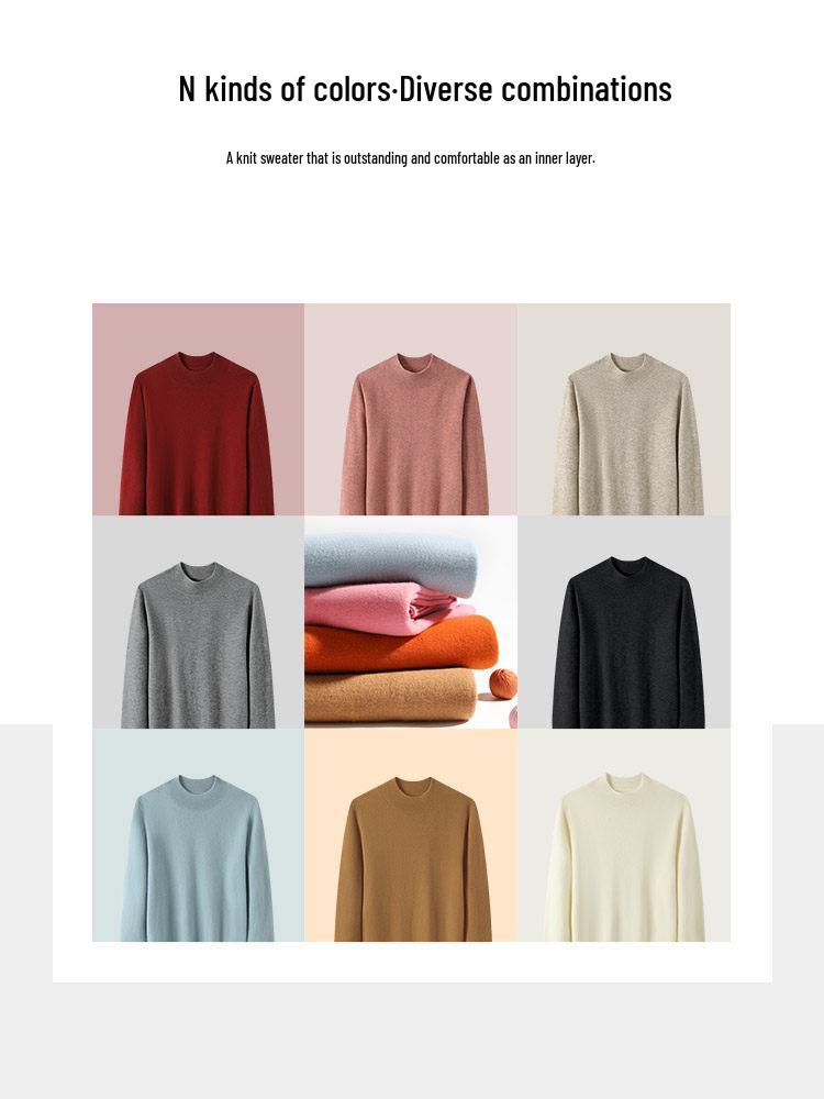 Women's Pure Wool Half-High Neck Knit Sweater - Solid Color, Warm Autumn/Winter Pullover
