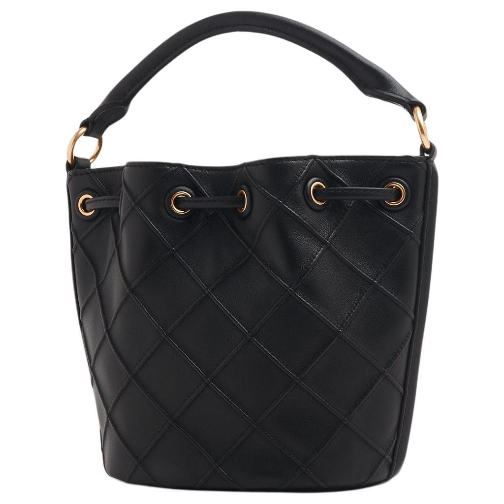 Tory Burch Fleming Logo Brass Accents Pleated Quilted Leather Bucket Bag Women Handbags Black 142565-001
