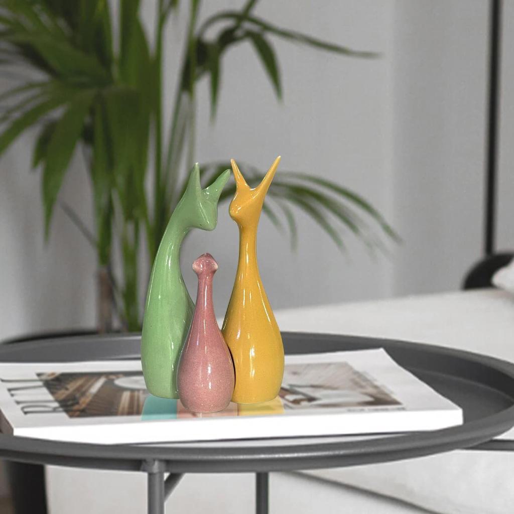 Home Décor Lucky Deer Family Set | Piano Finish Ceramic Figures - (Set of 3 Yellow, Pink, LightGreen)