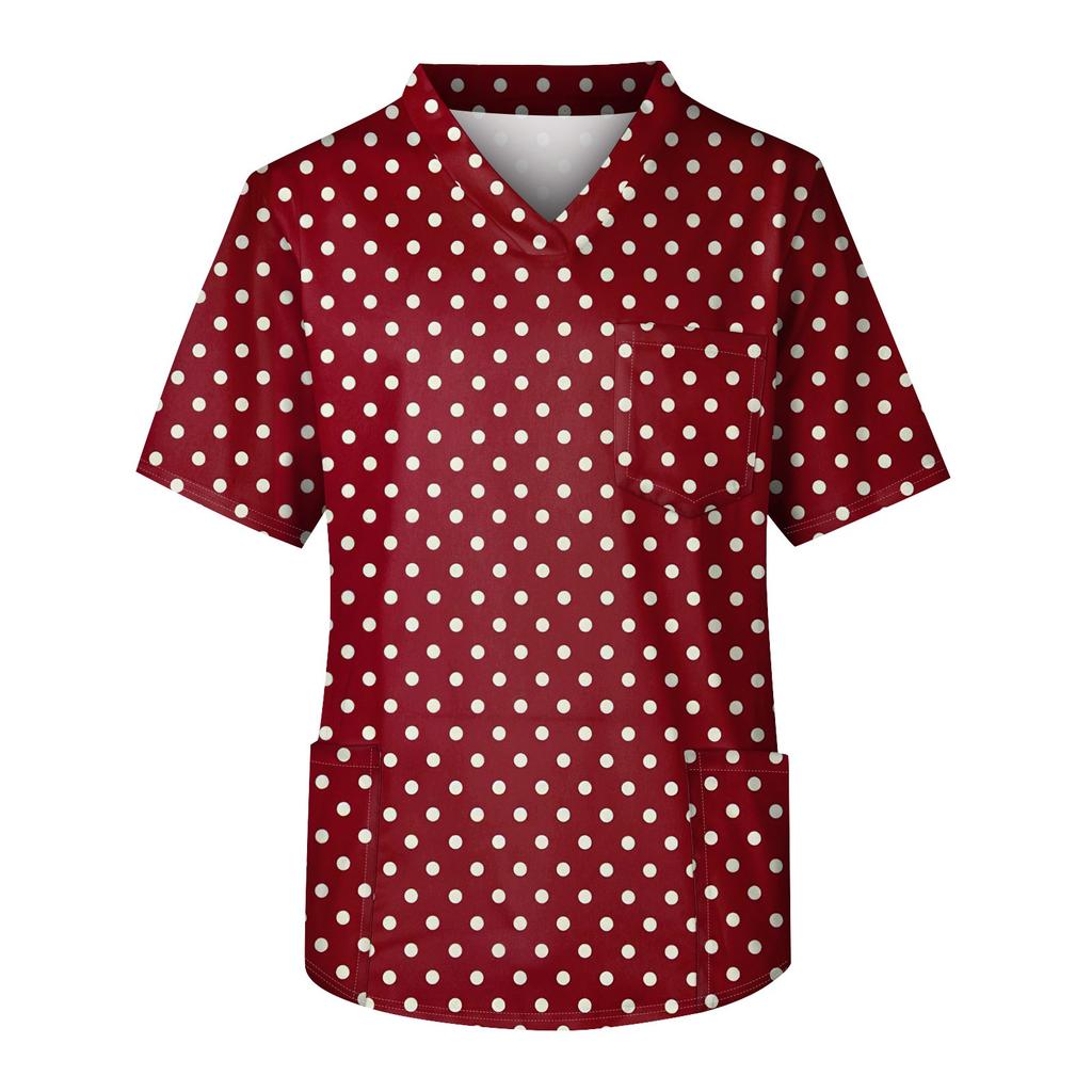 Men's Printing Short Sleeve V-neck Working Blouse Chest Pocket Carer Top