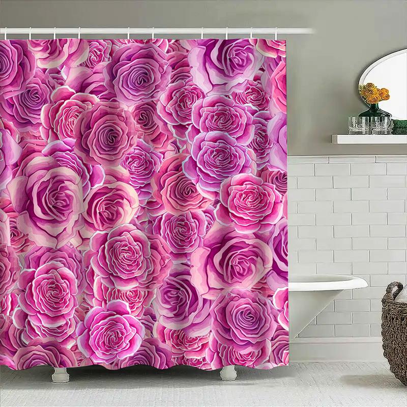 Bathroom Decor Shower Curtain Pink Roses Print Bath Rug White Bathtub Cover Home Decoration Waterproof Fabric 69X72 (L)