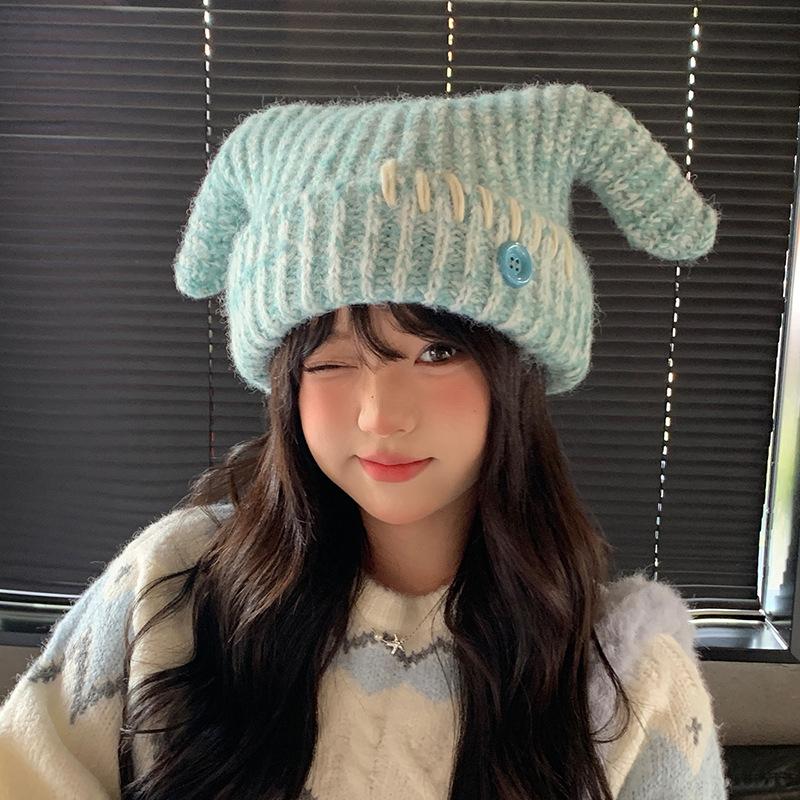 New Funny Thickened Warm Wool Hat Women's Winter Fashion Versatile Knitted Hat Showing Face Small Ear Protection Pullover Hat